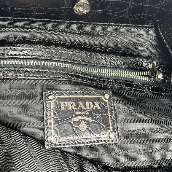 PRADA BLACK NYLON JACQUARD CROCODILE TRIM LARGE SHOPPING SHOULDER BAG - Picture 13 of 16